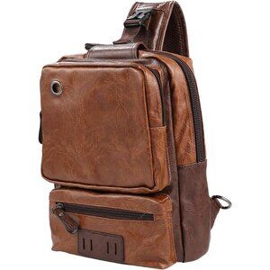 Men's Brown SlingBag Cross body Leather Shoulder Backpack with USB Charging Port